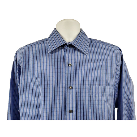 Michael Kors Mens Button Up Long Sleeve Shirt Blue Black Striped 17 XL 34/35 - Picture 1 of 10